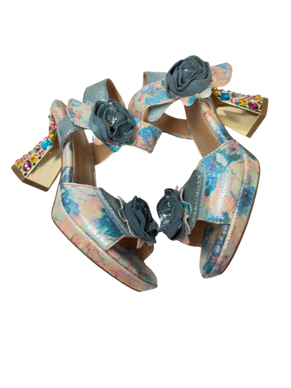 L'ARTISTE Smashing Blue Floral Sandal Multicolor Jeweled Block Heel - Picture 9 of 13
